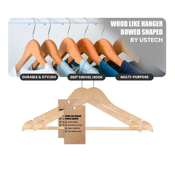 USTECH Wood Like Hanger Bowed Shaped with Trouser Bar for Suit, Coat, and Pant | Wood Finish Heavy Duty Clothes Hanger with Shoulder Notch to Hold Strappy Dresses | 20 Pack