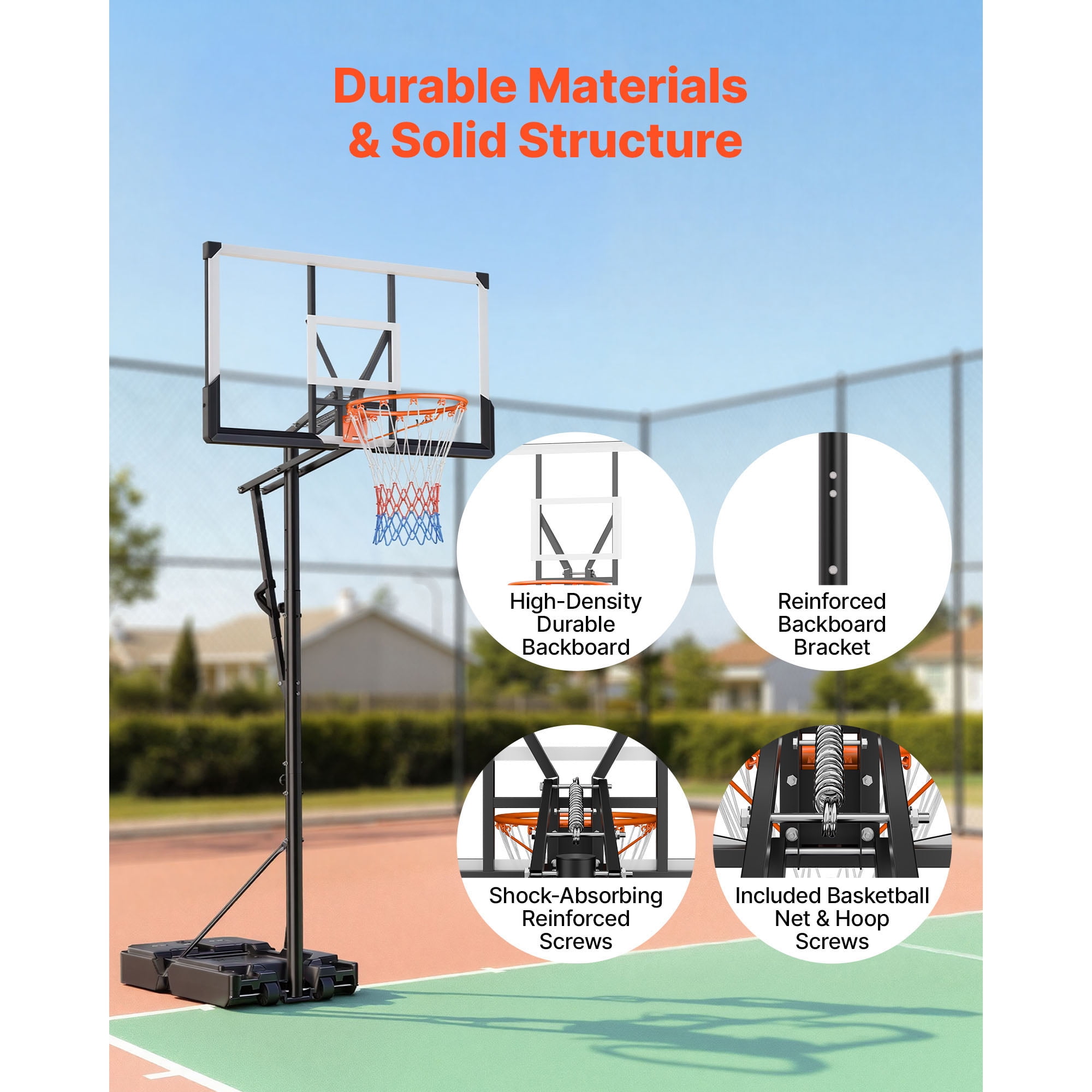 KFFKFF Adjustable Portable Basketball Hoop, 5.25 to 10 ft Height Range, 44-inch PC Backboard with Wheels, Ideal for Kids, Teens, and Adults in Driveways or Poolside Games