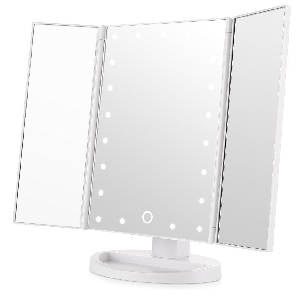 Easehold Led Lighted Vanity Mirror Make Up Tri Fold With 21pcs Lights 180 Degree Free Rotation Table Countertop Cosmetic Bathroom White