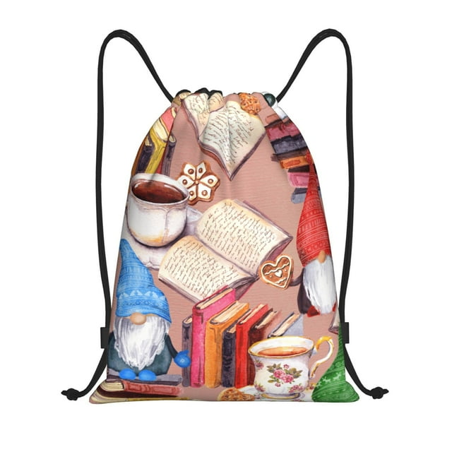 Xecao Gnomes Books Tea Cups Pattern Sports Drawstring Backpack - String Swim Gym Bag with Wet Proof Pocket for Women&Men-Medium