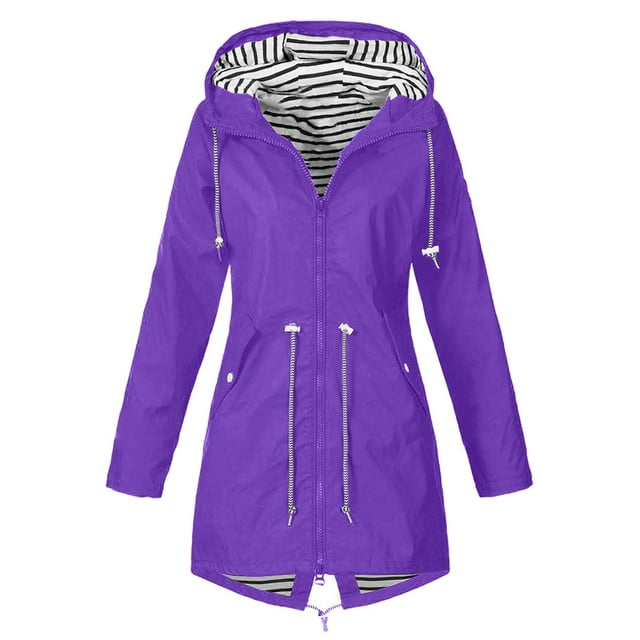 Puloru Women´s Waterproof Raincoat Long Sleeve Zipper Hooded Outdoor Wind Rain Forest Jacket Coat