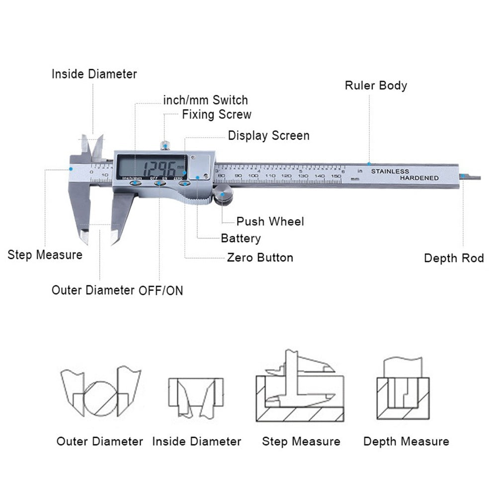 STONEGO 1PC 0-150mm Digital Metal Caliper - Stainless Steel Vernier Calipers, Electronic Micrometer Ruler, Precision Depth Measuring Tool for Professional and DIY Use