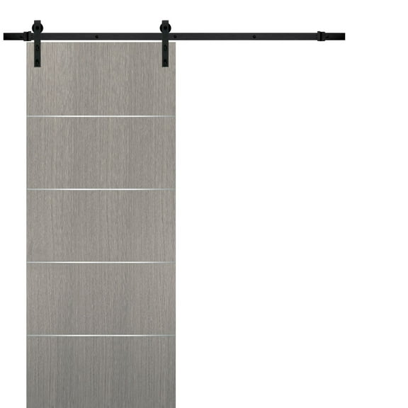 Sliding Barn Door with Hardware | Planum 0020 Grey Oak | 6.6FT Rail Hangers Sturdy Set | Modern Solid Panel Interior Doors-36" x 96"-Black Rail