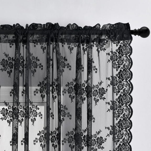 RYJUYJ-Black Lace Curtains 54 Inch Length 2 Panels, Country Rustic Floral Pattern Gothic Sheer Curtains for Bedroom, Rod Pocket Vintage Privacy Sheer Lace Curtain, 42 x 54 Inch, 1 Pair, Black