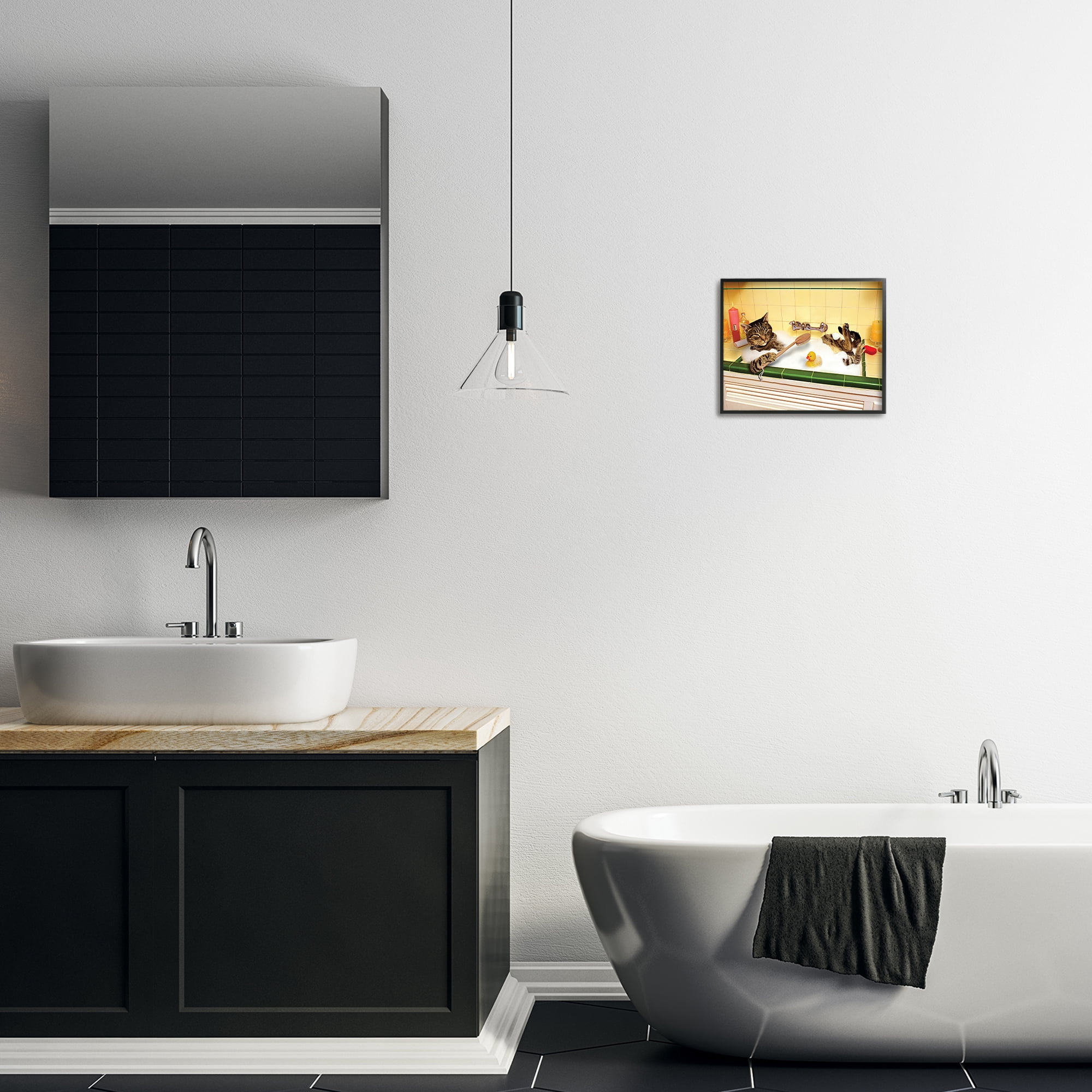 Stupell Industries Cat Bathing in Tub Typography Painting Black Framed Art Print Wall Art, 14 x 11