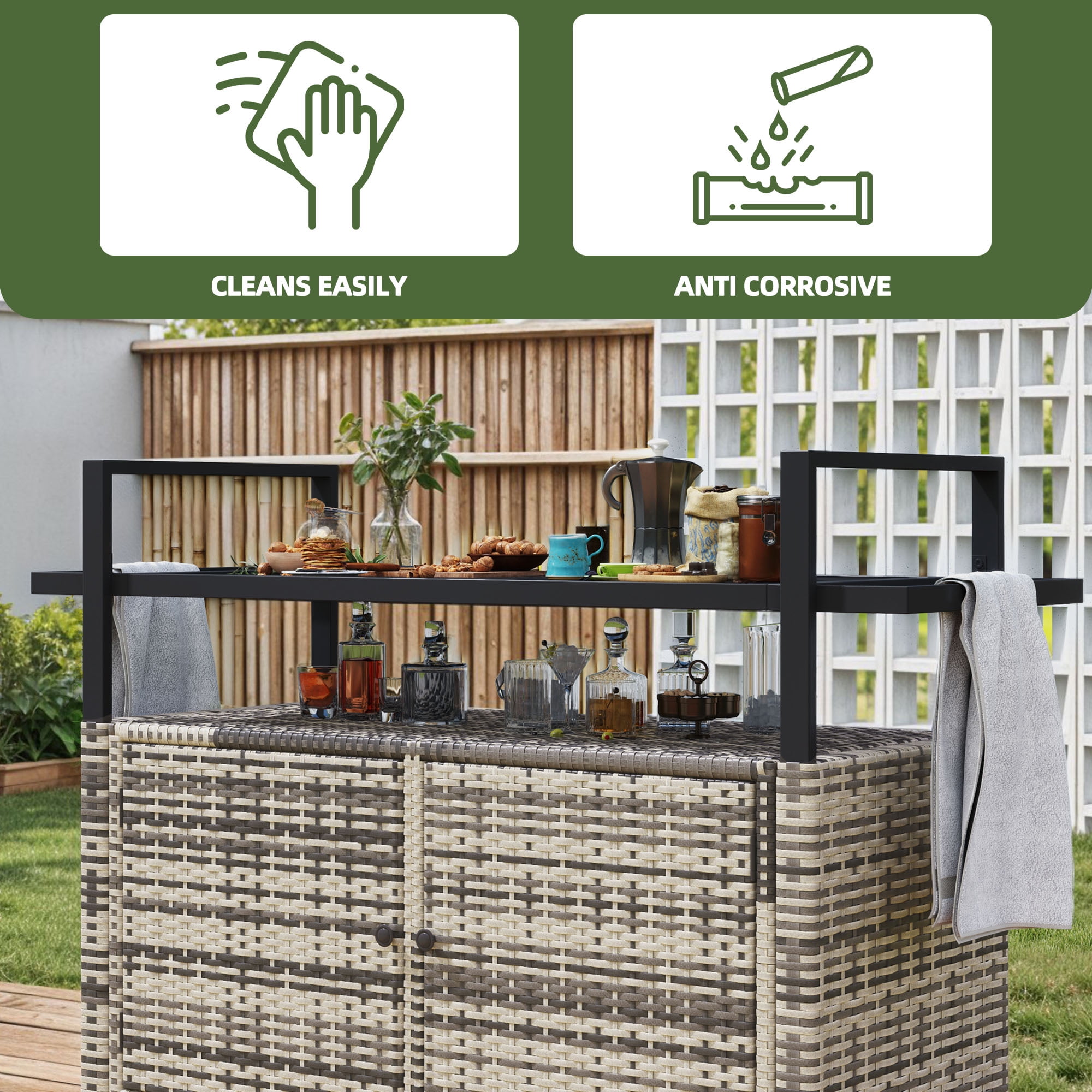 Uforic XL Gray Outdoor Storage Cabinet with Grill Cart, Wheels & Black Glass Table Top for Patio Kitchen
