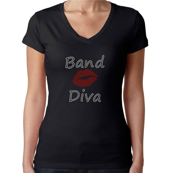 Womens T-Shirt Rhinestone Bling Black Tee Band Diva Red Lips V-Neck XX-Large