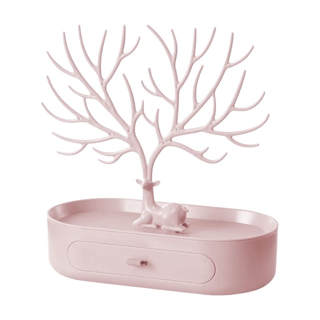Pink Christmas Reindeer Jewelry Storage Rack With Drawer Display Stand For Earrings Necklaces Rings Bracelets Cosmetics Organizer Pink
