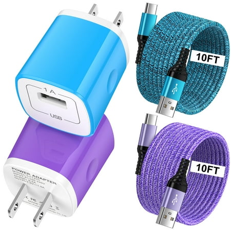 Type C Charger Block Hootek 2 Pack USB C Cable 10FT Fast Charging Cable with USB Wall Charger Block USB A to USB C Type C Cable Charging Cords Type C Block Charger Adapter Cube USB Brick Blue+Purple