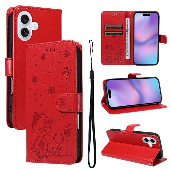 For iPhone 17 Wallet Case Cute Cat Flower Embossed PU Leather Flip Cover [RFID Blocking] with 2 Card Slots Cash Holder Wrist Strap Magnetic Closure Kickstand Folio Case,Red