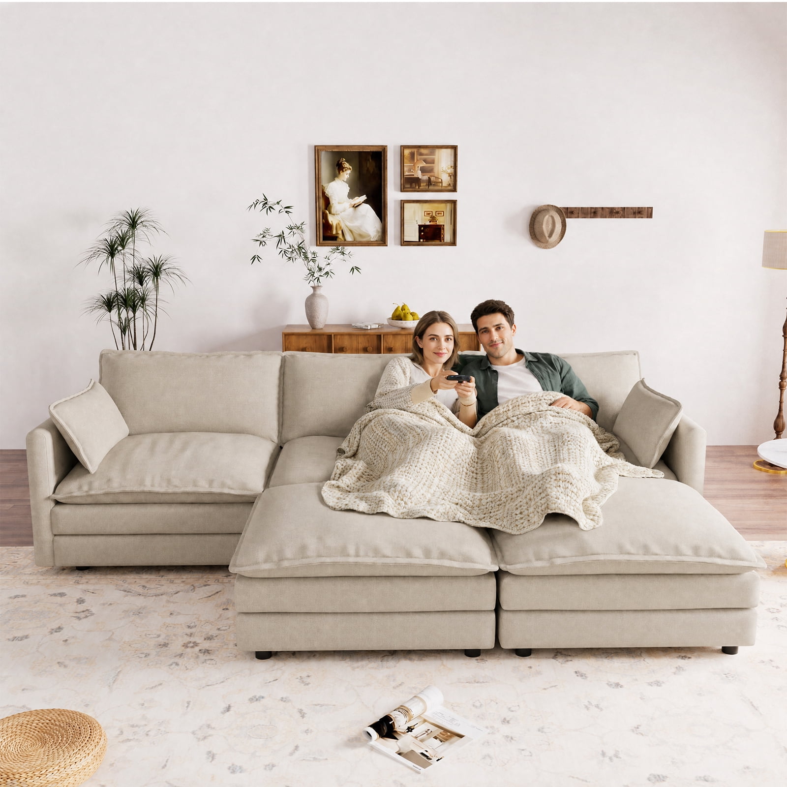 Muumblus 110" Oversized Modular Sectional Sofa with 2 Movable Ottoman, U Shaped Deep Seat Cloud Couch for Living Room, Camel Chenille