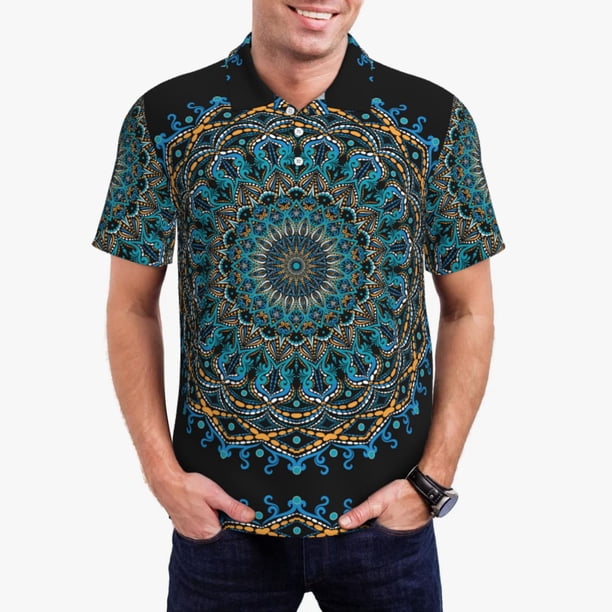 Fotbe Mandala Camiseta Polo de Golf para Hombre con Estampado – Camisa Deportiva Transpirable con Cuello Abotonado-Large