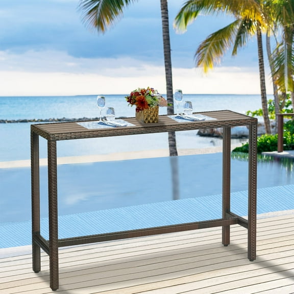 Outdoor Bar Table Patio Bar Height 55" Long Outdoor Console Table Hot Tub Tall Wicker High Top Pub Serving Table Narrow Sofa Sideboard Table Brown