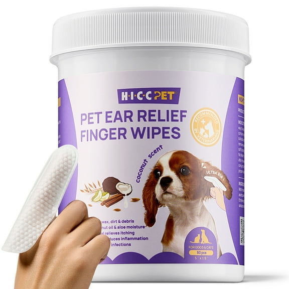HICC Pet Relief Ear Finger Wipes, for Dogs and Cats - 50 Count - Ear Cleaning & Soothing