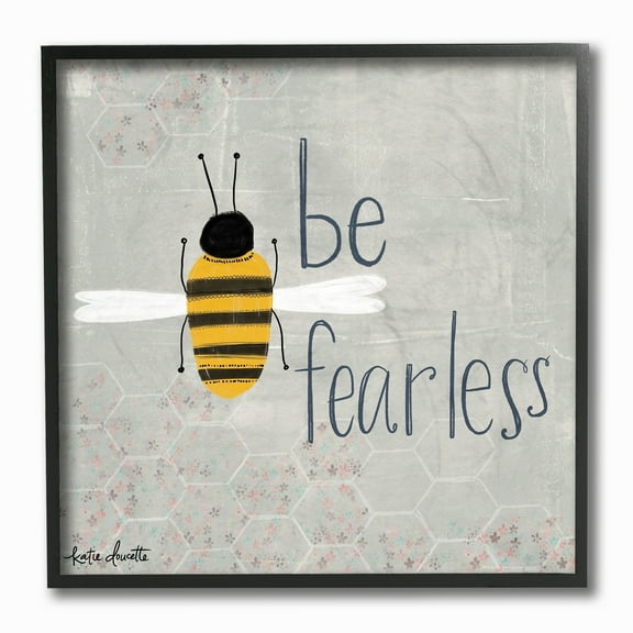 The Kids Room By Stupell Grey and Yellow Be Fearless Bee Illustration with Honeycomb Pattern Framed Giclee Texturized Art, 12 x 12