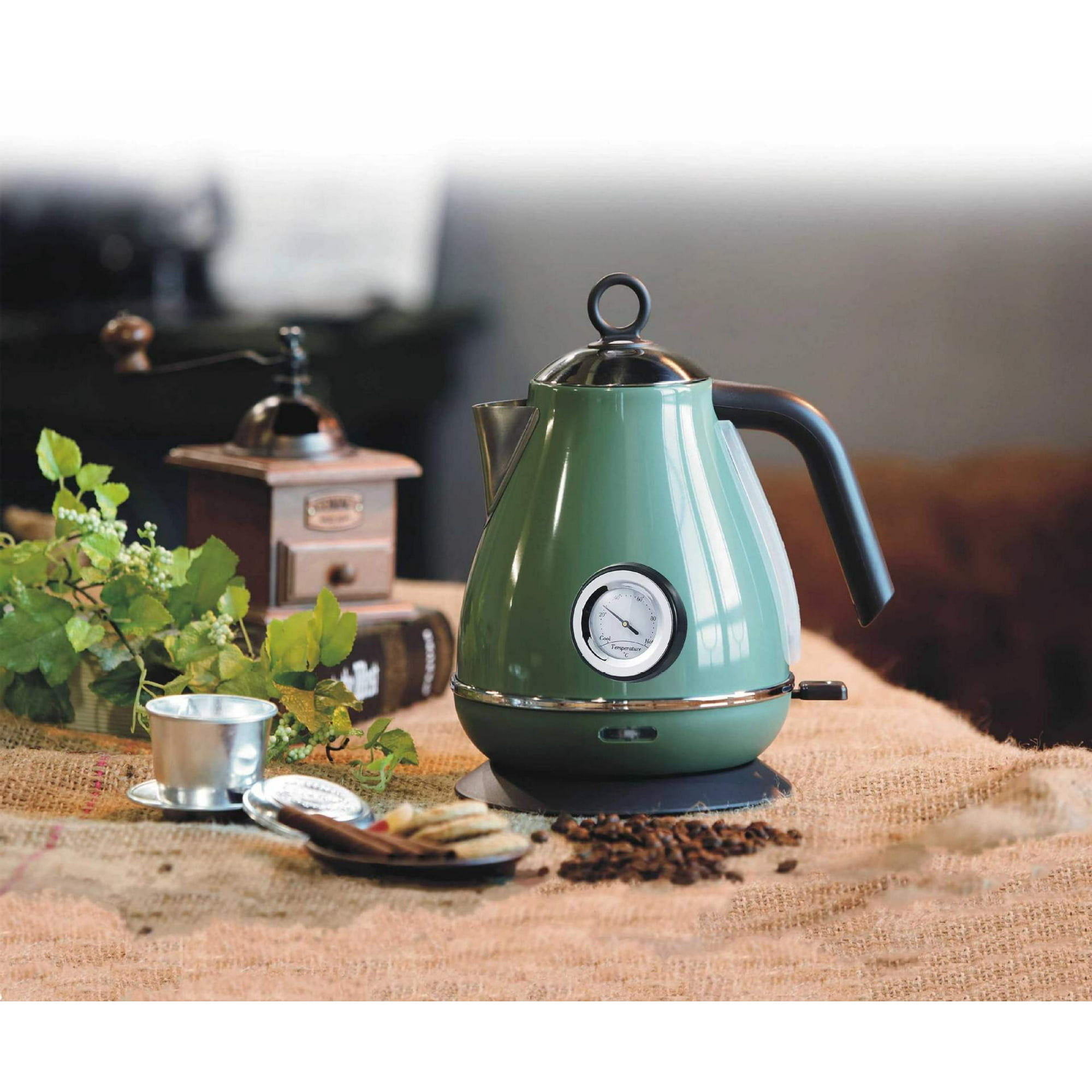 Retro varnished electric kettle with temperature display, green