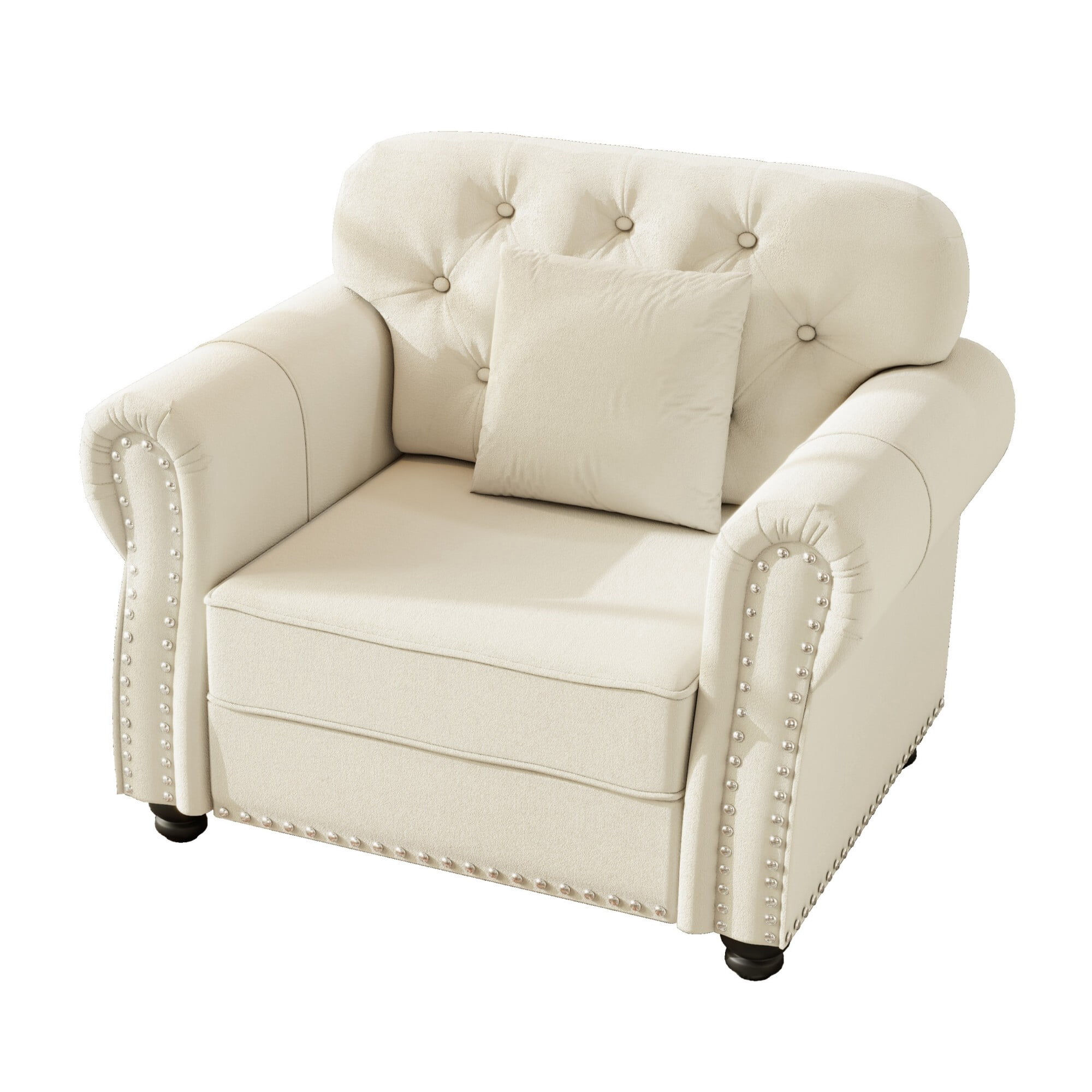 AENKYO 41.3" Chesterfield Velvet Accent Chair, Tufted Single Sofa with Nailhead Trim and Rolled Arms, Beige