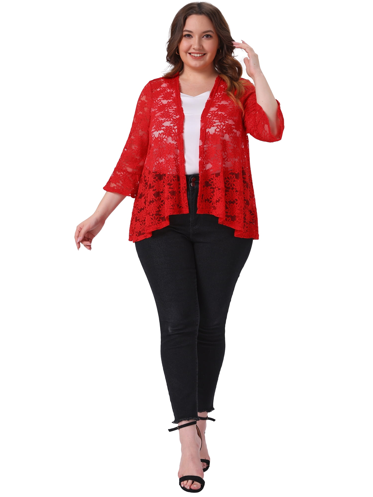 DARING DIVA Women's Plus Size Open Front 3/4 Sleeve Sheer Lace Cardigan 2X Red
