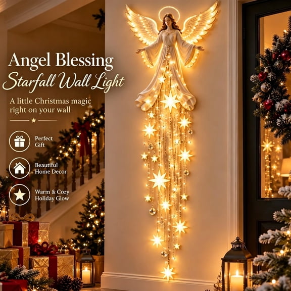 Christmas Angel Blessing Cascading Star Wall Light, Resin Glowing Angel Hanging Wall Decor with LED Starfall String Lights, Christmas Decorations Indoor, Warm Light for Bedroom Living Room Entryway