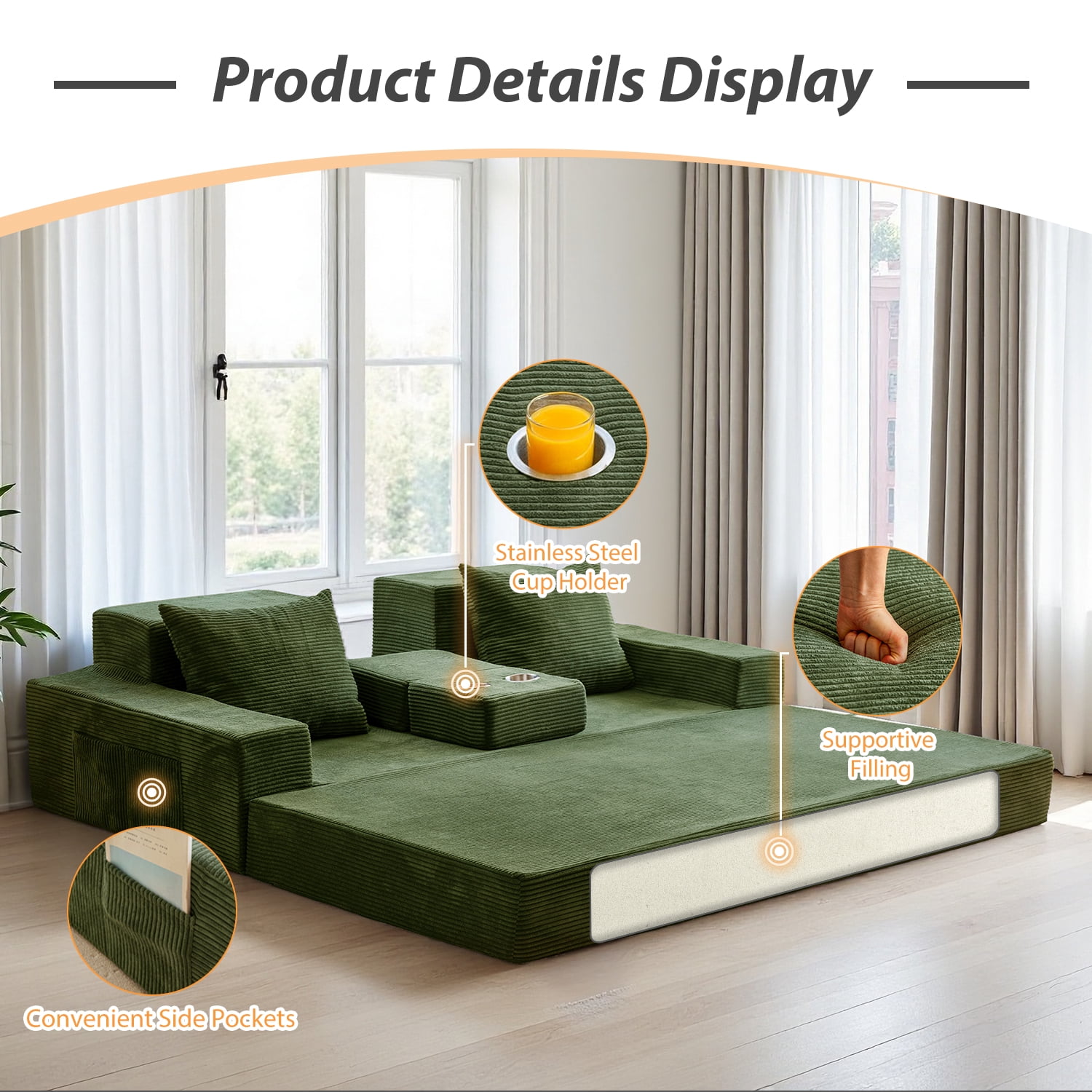 BYBYME Convertible Sofa Bed,Folding Lounger 4-in-1 Boneless Sofa with 3 Pillows and 2 Cup Holders,Floor Sofa for Small Spaces Such as Living Rooms,No Assembly Required,3 Seater,DGreen