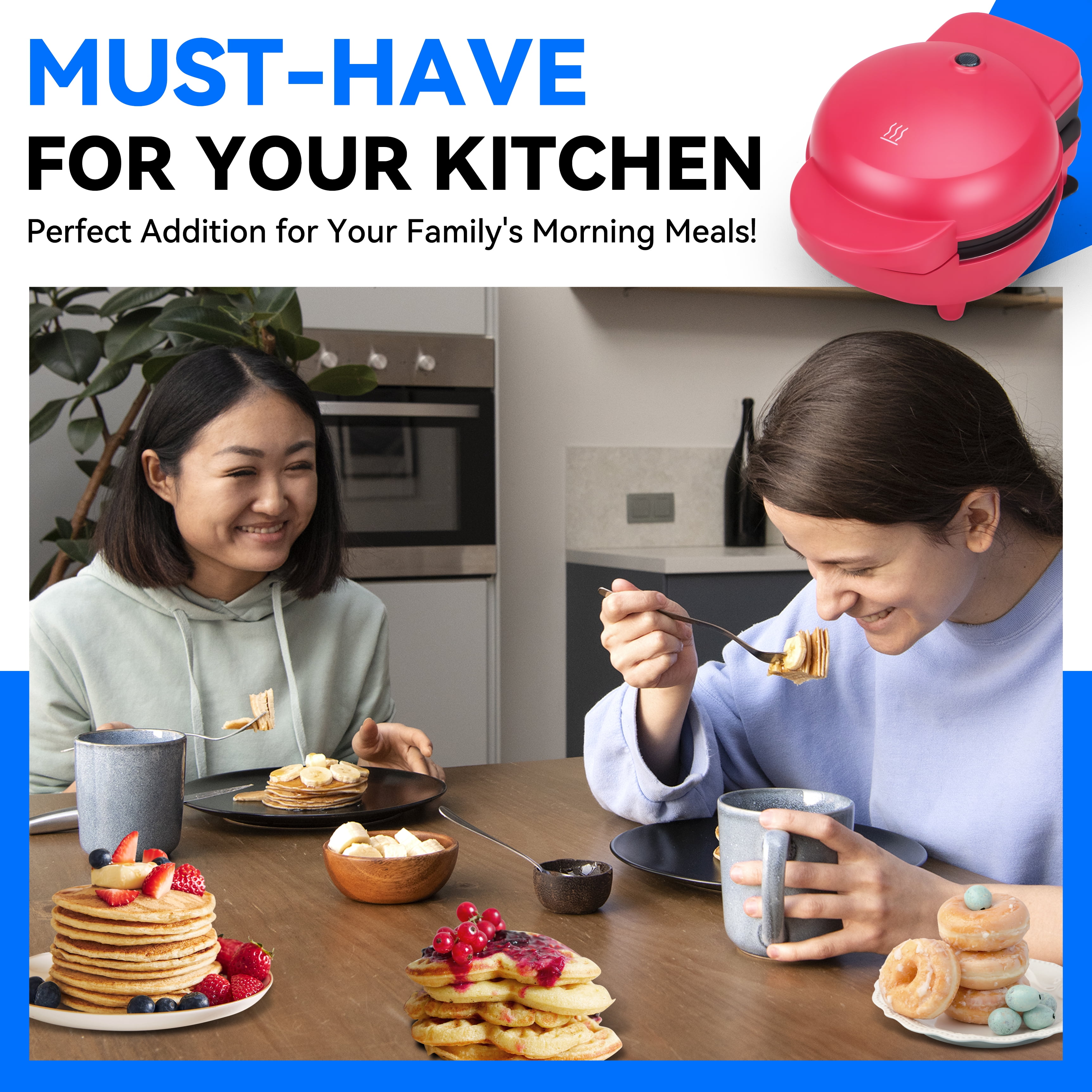 Mailand 4-in-1 Small Waffle Maker, Waffle Iron Mini with  Removable Plates(Pancake, Donuts, Heart Shape Waffle & Round Waffle), Red