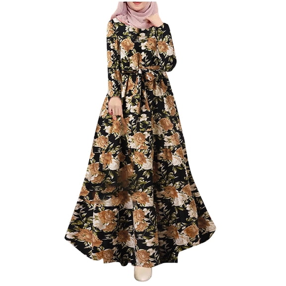 Abaya Dress for Elegant Women's Printed Dress Long Sleeve Robe Sun Skirt with Detachable Waist Belt