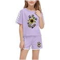 thumbnail image 2 of EWASWON Girls' Sunflower & Checkered Sleeve Outfit Set - Summer Casual Two-Piece Shorts & Top, Soft Print Toddler Girls Outfit Setsfor Ages 5-14, Purple, 2 of 8