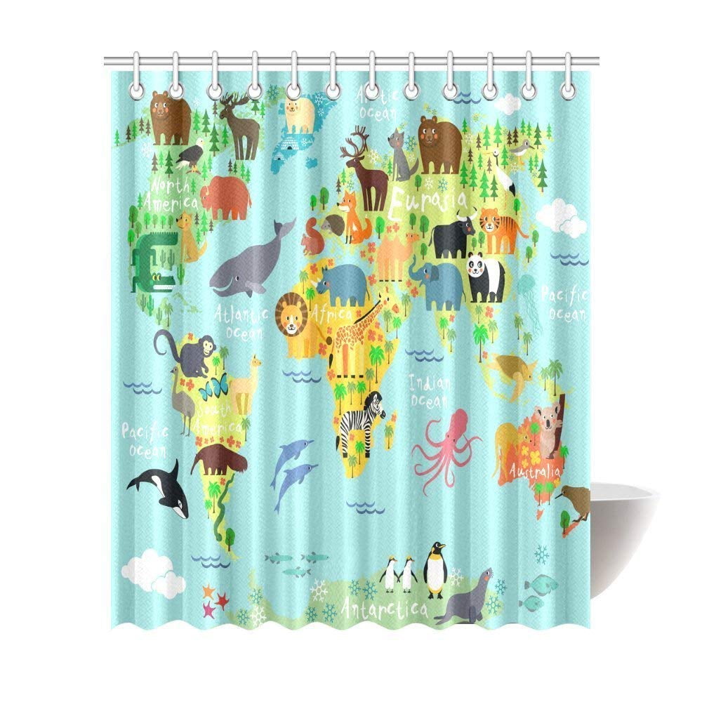 Gckg Children Kids Shower Curtain Decor Animal Map Of The World