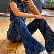 Aellinatey Women High Waist Straight Jeans Pants Asymmetrical Plaid Floral Denim Trousers