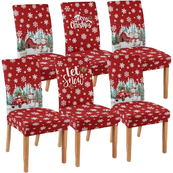Christmas Chair Covers Set of 6 Snowman Red Truck Dining Chair Seat Cover Stretch Removable Xmas Chair Slipcover Protector for Xmas Dining Room Kitchen Home Decor
