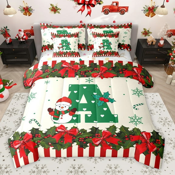 Homewish Letter A Monogrammed 7-Piece Twin Bedding Sets,Merry Christmas Bedding Comforter Set,Xmas Flower Red Bowtie Sheet Sets For Kids,Microfiber Room Decorative Reversible