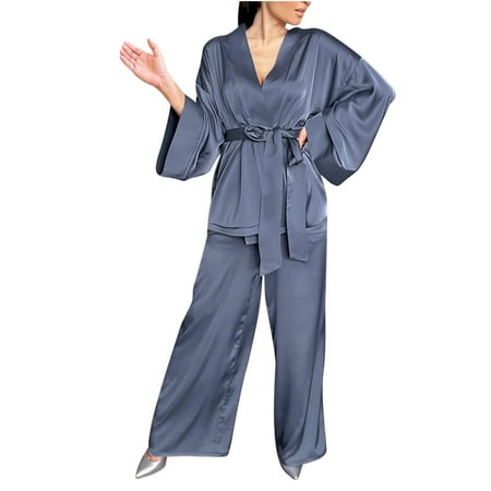 

Satin Pajamas Set for Women Long Sleeve Belted Cardigan Sleepwear Silk Nightwear V-Neck PJs Set 2 Piece Lounge Sets Womens Clothes