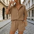 thumbnail image 2 of felwors Linen Short Sets For Women Oversized 2 Piece Outfits V Neck 2026 Solid Color Summer Vacation Beach Casual Button Suits (Khaki, M), 2 of 8