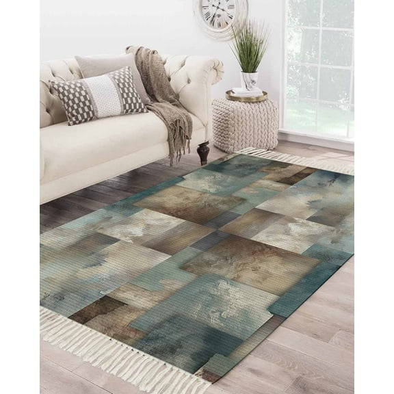 Blue Brown Geometric Large Area Rug 4x6ft Woven Runner Rug,Modern Ombre Abstract Art Washable Living Room Bedroom Kitchen Bathroom Classroom Carpet with Tassels,Indoor Outdoor Throw Door Mat