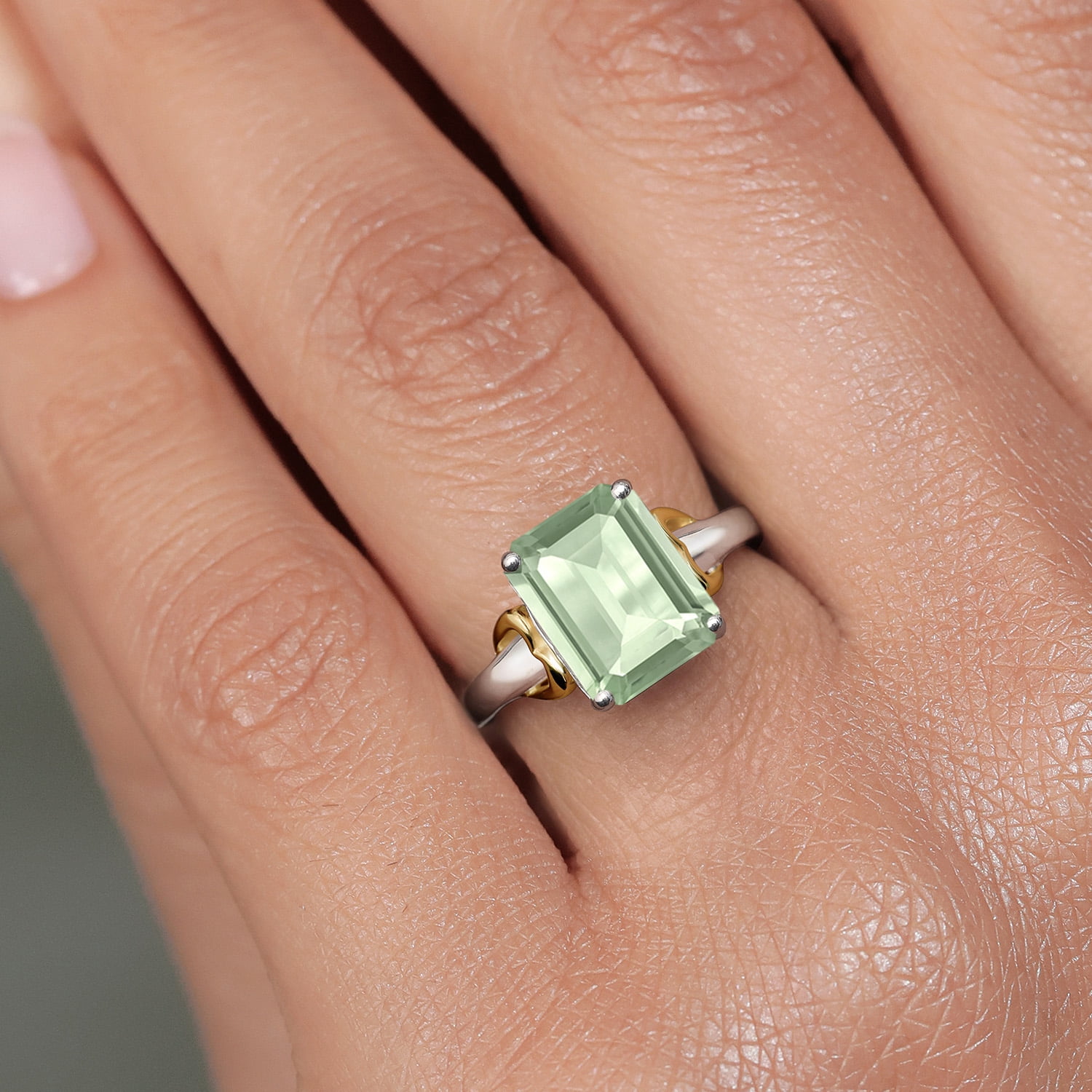 Gem Stone King 925 Silver and 10K Yellow Gold Green Prasiolite Solitaire Engagement Ring for Women | 2.90 Cttw | Octagon 10X8MM | Gemstone Birthstone | Size 5