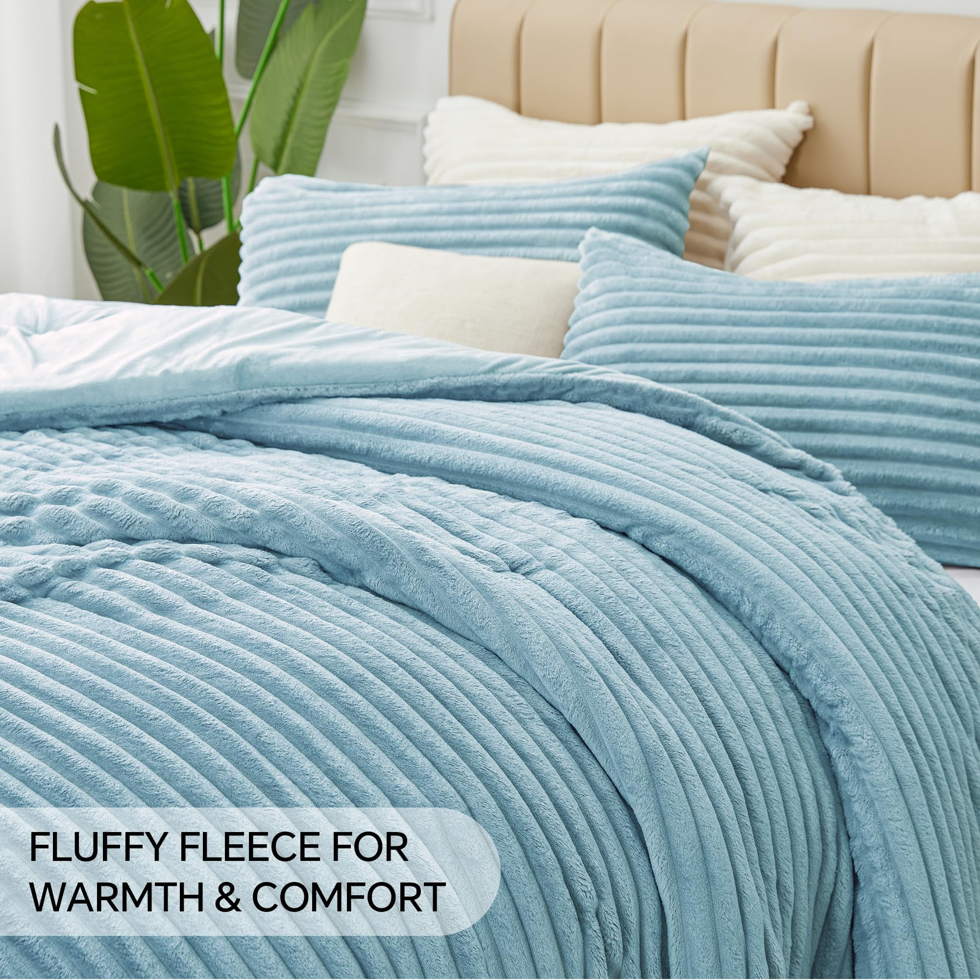 BEDELITE Fleece Queen Comforter Set -Super Soft & Warm Fluffy Light Blue Bedding, Luxury Fuzzy Heavy Bed Set for Winter with 2 Pillow Cases