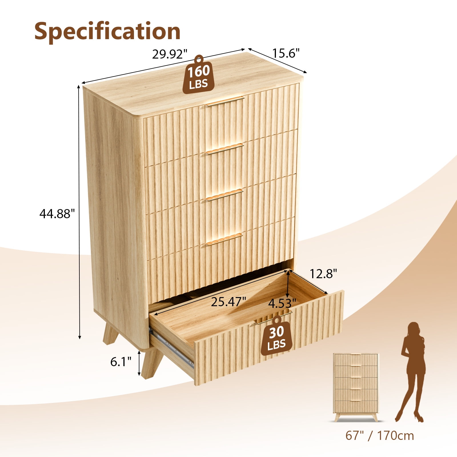 Ktaxon Fluted Large 5 Drawer Dresser Solid Wood Chest of Drawers with Soft Close Slides Storage Cabinet for Bedroom Living Room Entryway Walnut