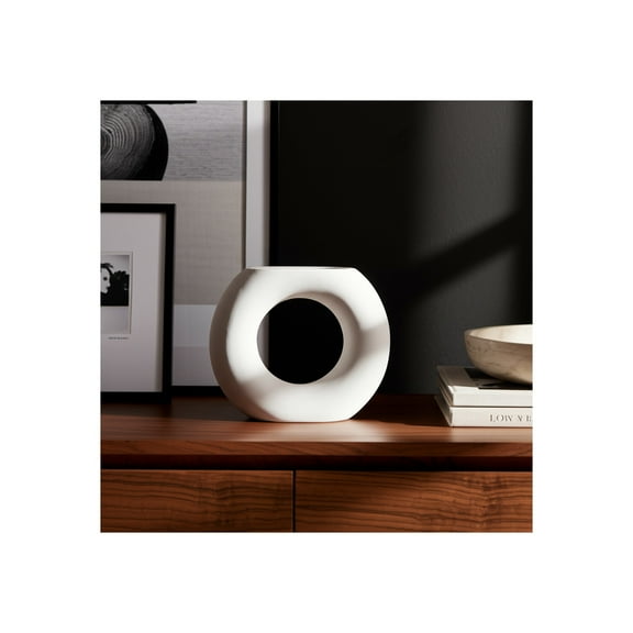 Modern White Ceramic Vase - Minimalist Round Hollow Stoneware Decorative Accent for Home, Office, Bedroom, Living Room - 7"