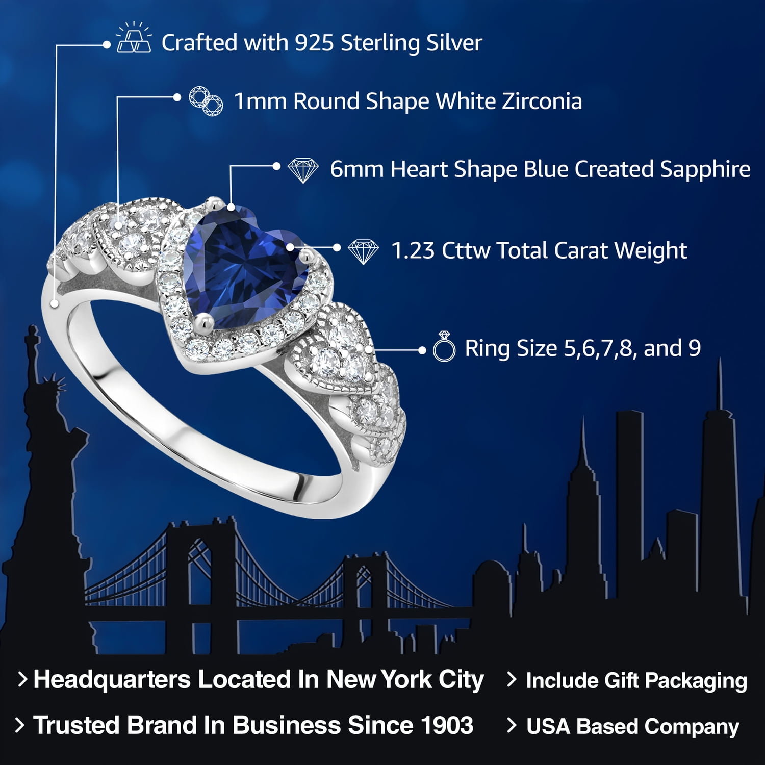 Gem Stone King 925 Sterling Silver Blue Created Sapphire Engagement Ring for Women (1.23 Cttw, Heart Shape 6MM, Available in Size 5, 6, 7, 8, 9)