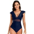 thumbnail image 5 of Lopeceal Womens Tummy Control Swimsuit V Neck One Piece Bathing Suits Slimming Lace-up Ruffle Swimwear, 5 of 8