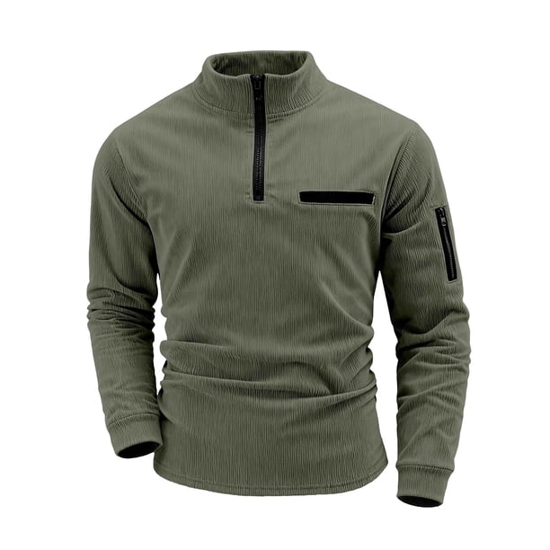 Ceisia Men's Summer Gift Casual Solid Color Corduroy Zipper Stand Up Collar Long Sleeve Top - Comfortable Daily Outdoor Wear