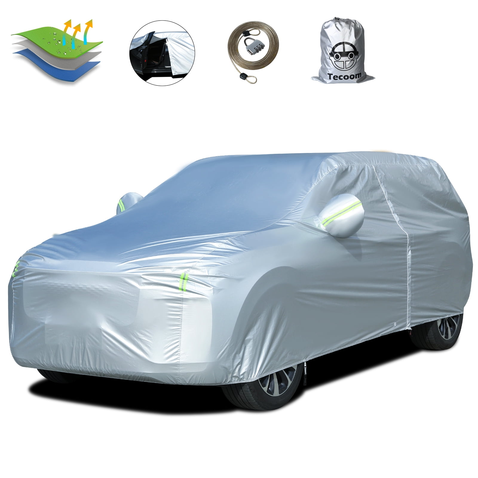 Tecoom SSC05 Breathable Material Classic Zipper Design Waterproof UV-Proof Windproof Car Cover for All Weather Indoor Outdoor Fit 180-195 inches SUV 