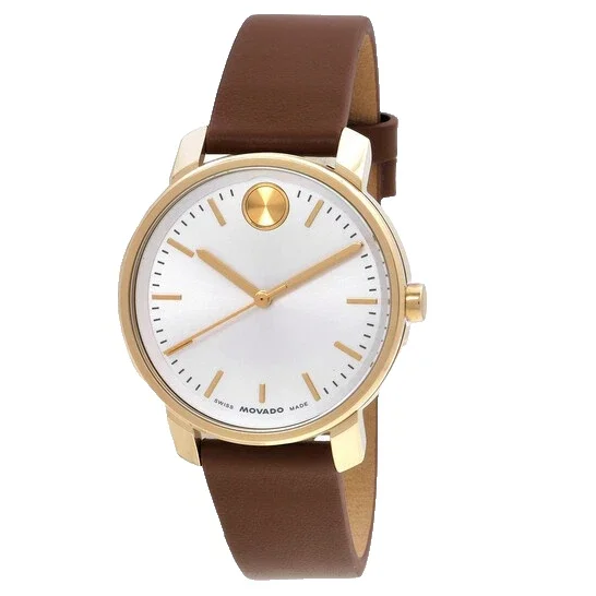 Movado Bold 3601166 White Dial Brown Leather Strap Quartz 34MM Gold Womens Watch