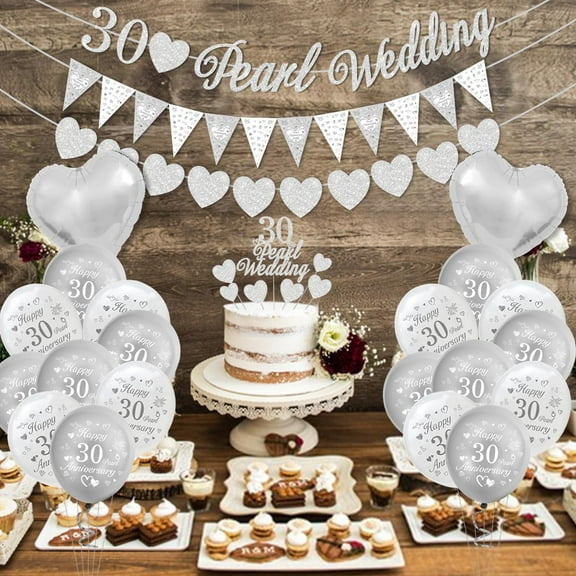 AYUQI Happy 30th Anniversary Decorations – Pearl Wedding Banner, Cake Topper, Happy 30th Anniversary Balloons Silver White Balloons for Romantic Wedding Anniversary Decorations