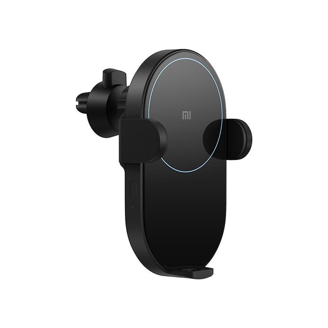 adaptador de cargador de coche xiaomi 20 w auto clip para iphone xs max cargador de auto inalámbrico negro, vista 3/4 frontal con superficie ovalada y logo mi, pinza eléctrica automática con anillo luminoso azul, brazos laterales plegables y base de apoyo; montaje para rejilla de ventilación y ajuste de ángulo; también sirve como soporte manos libres en viajes.