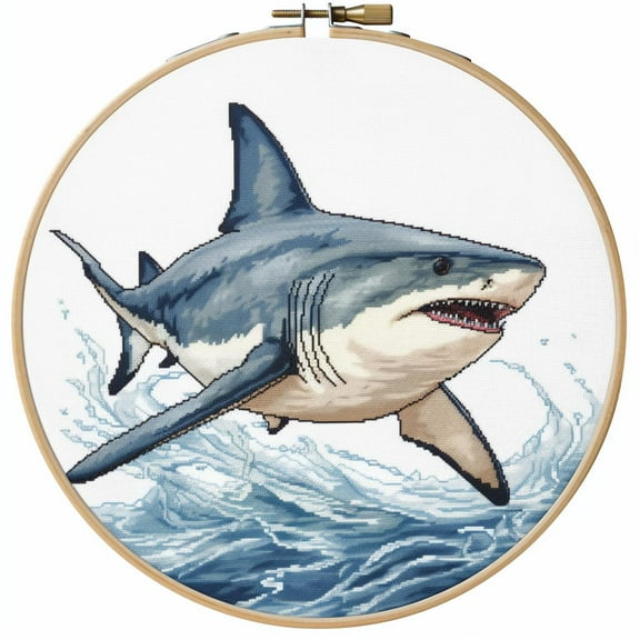 Shark Round Shape Stamped Cross Stitch Kits for Beginners Easy with Hoop 11CT Needlepoint Embroidery DIY Counted Cross Stitch Kits Art Craft Wall Decoration 35x35cm(2)