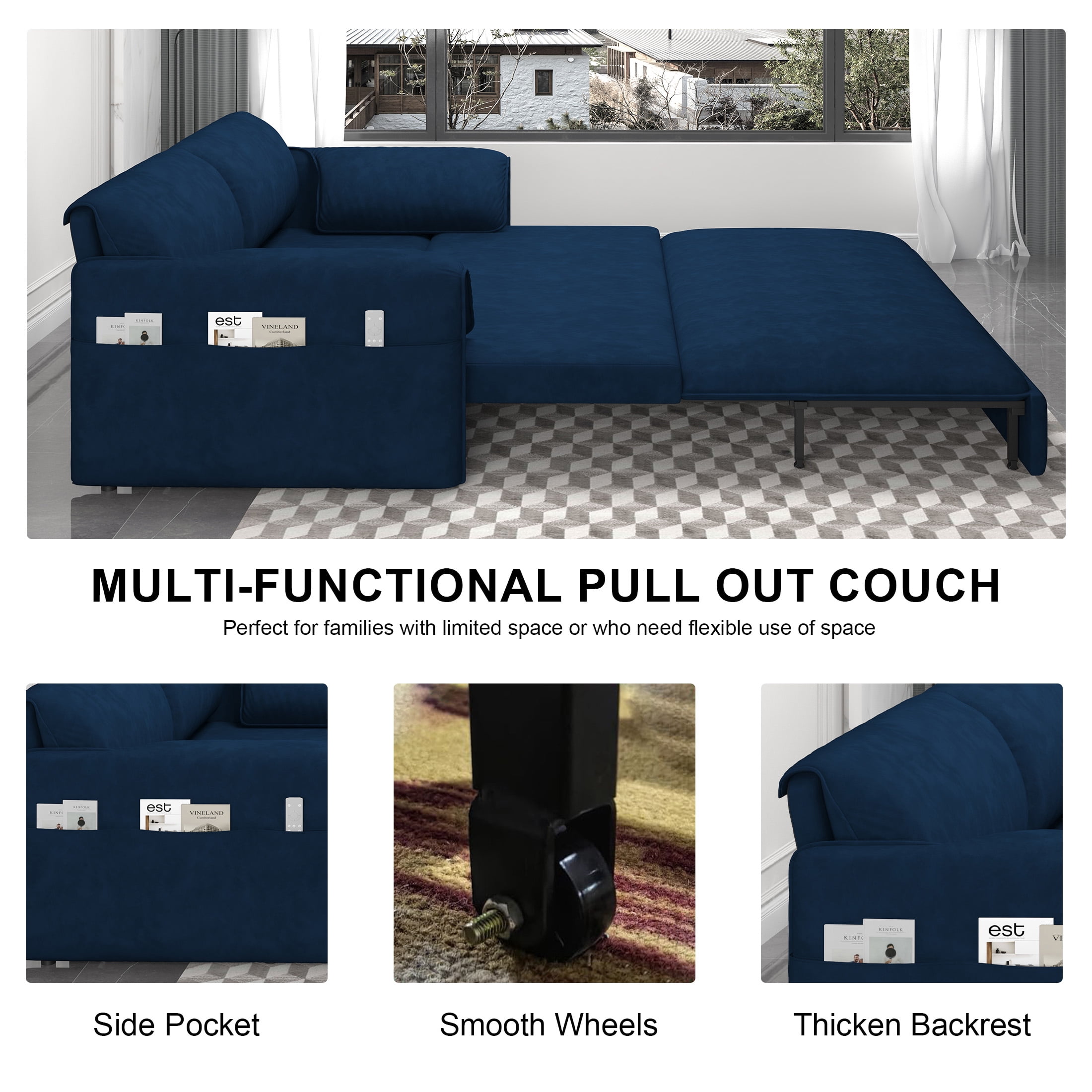 Aukfa Queen Sleeper Sofa Bed, Convertible Loveseat Pull Out Sofa Couch with Side Pockets, Blue