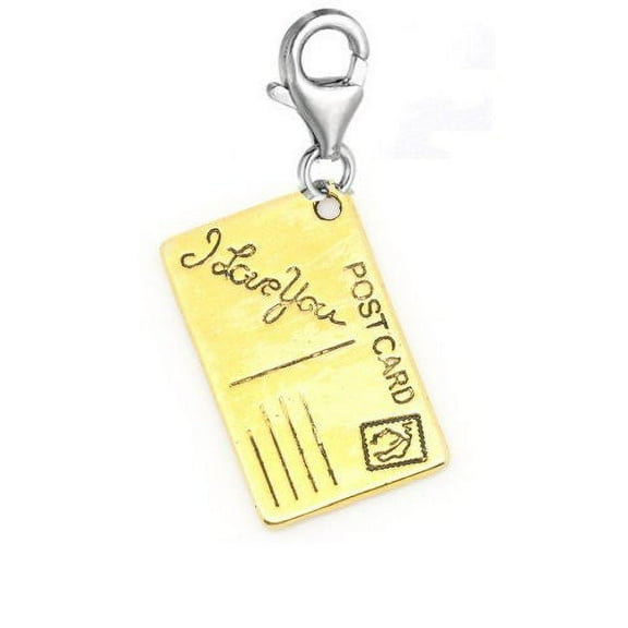 Clip on I Love You Postcard Charm Gold Tone Pendant for European Jewelry w/ Lobster Clasp