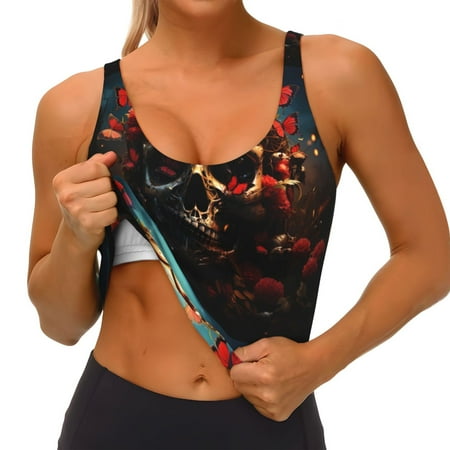 Qokaie Artistic Flower Butterfly Skull Pattern Womens Scoop Neck Sports Bra Breathable Workout Vest Padded U Back Medium Impact Fitness Gym Yoga Bra Workout Crop Top