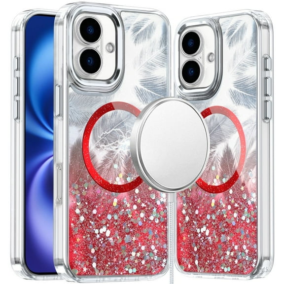 For iPhone 17 Epoxy Glitter Shimmer [Magnetic Circle] Hybrid Case - Red